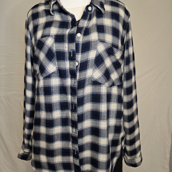 Lucky Brand Navy and Cream Plaid Shirt - Picture 1 of 6